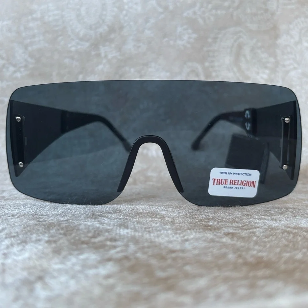 Brand New True Religion Black Rimless Shield Sunglasses Retro Wide Arm Horseshoe